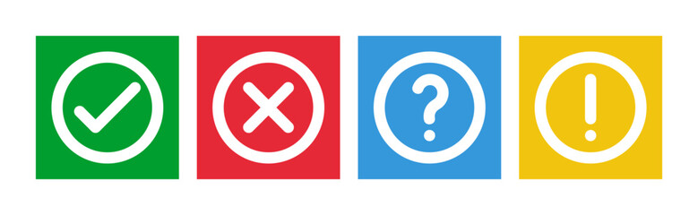 green check and red cross symbols, blue question mark and yellow exclamation point, round thin line vector signs, solid circle icons set
