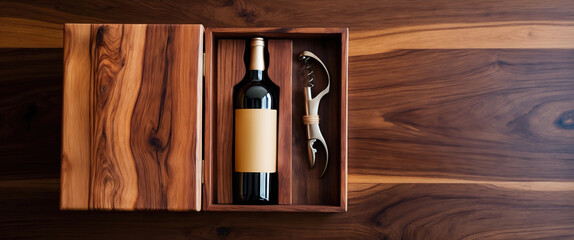 Wine bottle with blank label in open wooden box on dark wood surface