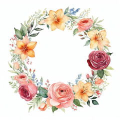 Watercolor floral wreath with lilies, roses, and green leaves on white background.
