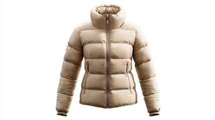 Ghost mannequin effect displaying a beige womens puffer down jacket without a human figure isolated on a white background This winter coat features a high collar and pockets designed as