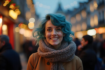 smiling woman with crossed arms on New Year's or Christmas night on the street