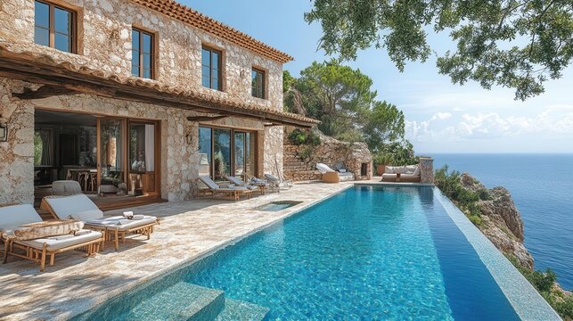 mediterranean paradise sundrenched traditional finca house with azure pool overlooking stunning sea vista idyllic summer vacation scene exuding luxury and serenity