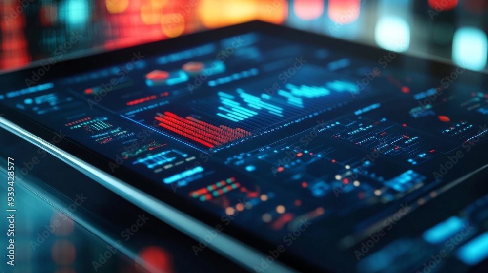 Leinwandbilder Digital tablet displaying a complex graph with analytics icons and technology overlays
