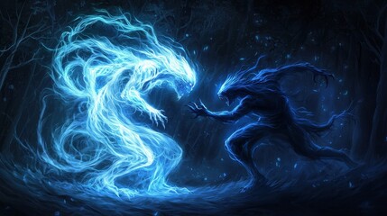 Ethereal protector and dark creature fighting in a haunted forest