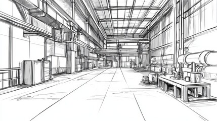 Graphic black and white sketch of a factory interior presented as a vector illustration