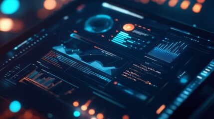 Obraz premium Digital tablet displaying a complex graph with analytics icons and technology overlays