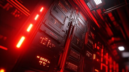 Obraz premium Close-up of futuristic glowing server racks in a data center with red lights and digital display screens