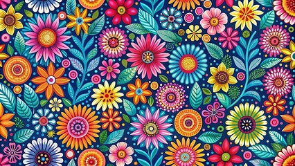Playful and vibrant pattern featuring abstract floral motifs in a colorful design