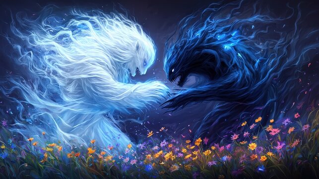 Ethereal guardian and dark creature fighting in a field of wildflowers
