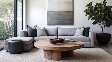 Fototapeta premium A modern living room with a comfortable gray sofa, a round wooden coffee table, and decorative pillows. minimalist design with neutral colors and large windows that allow natural light to flood in