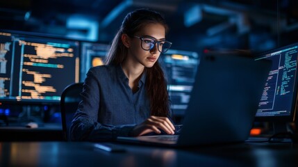 Serious young woman programmer working on laptop in a tech office with multiple monitors displaying code - Powered by Adobe