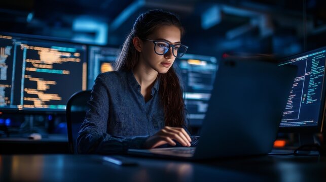 Serious young woman programmer working on laptop in a tech office with multiple monitors displaying code