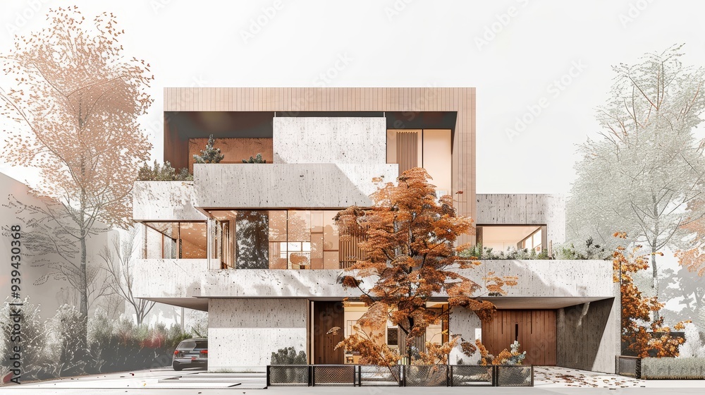 Poster A forward-thinking modern house with a blend of concrete, wood, and glass, complemented by outdoor landscaping, representing innovative and eco-friendly home design.