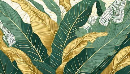 Tropical leaf Wallpaper, Luxury nature leaves pattern design, Golden banana leaf line arts, Hand drawn outline design for fabric