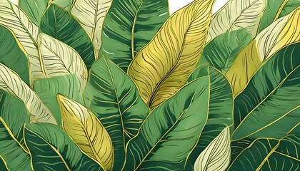 Tropical leaf Wallpaper, Luxury nature leaves pattern design, Golden banana leaf line arts, Hand drawn outline