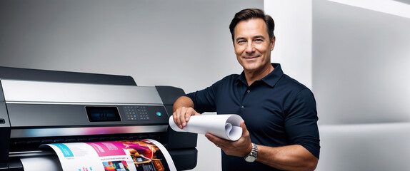 Graphic designer smiling and holding banner printed with large format printer