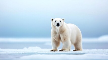 A polar bear stands on a snowy landscape, looking towards the camera.