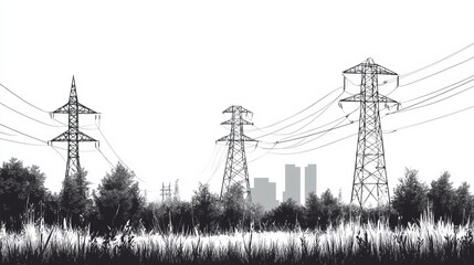 Monochrome illustration of high voltage power line towers presented as an electric transmission vector illustration