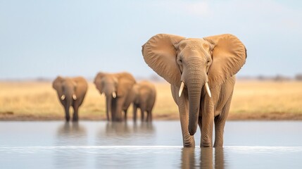 Majestic African elephant herd at watering hole