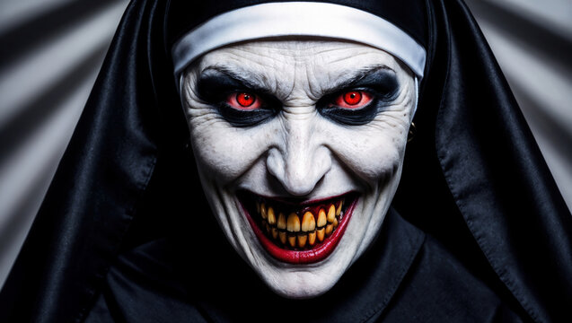 Scary nun smiling showing her red eyes and teeth