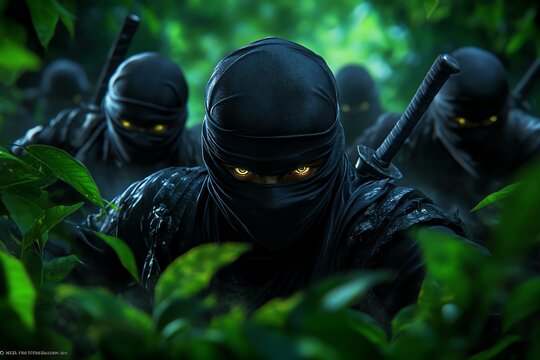 A group of ninjas performing a coordinated ambush in a dense forest, blending seamlessly with the environment as they prepare to strike