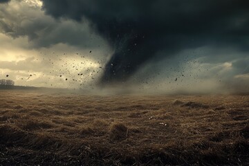 Fototapeta premium A dramatic tornado spirals through a desolate field under ominous clouds, showcasing nature's raw power and intensity.