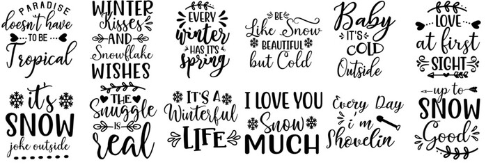 Fototapeta premium Elegant Winter Typographic Emblems, Quotes Set Vector Illustration for Printing Press, Magazine, Printable