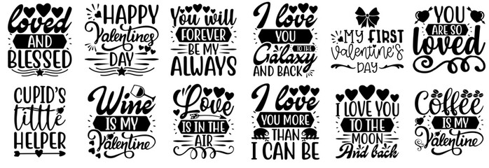 Classic Valentines Day Inscriptions, Hand Lettering Bundle Vector Illustration for Decal, Brochure, Postcard