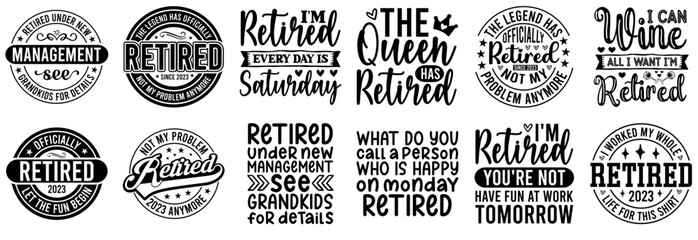 Decorative Retirement Labels And Badges, Hand Lettering Set Vector Illustration for Magazine, Printable, Printing Press