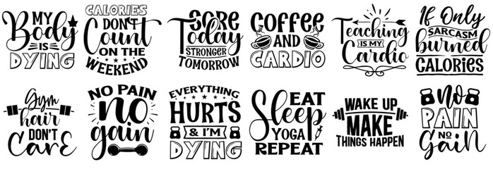 Decorative Gym And Fitness Typographic Emblems, Trendy Retro Style Illustration Pack Vector Illustration for Flyer, Banner, Vouchers