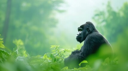 Naklejka premium A majestic gorilla gazes into the mist, showcasing its powerful presence in the wild.