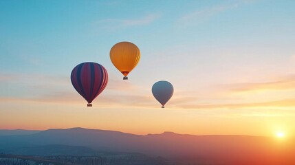 Obraz premium Two hot air balloons fly over a misty landscape at sunrise.