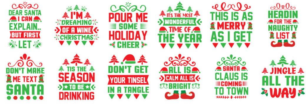 Modern Funny Christmas Typographic Emblems, Invitation Collection Vector Illustration for Label, Poster, Icon
