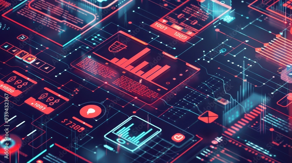 Poster futuristic digital interface with data visualizations, graphs, and technological elements in a vibra