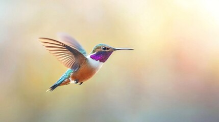 Obraz premium A vibrant hummingbird in flight against a soft, colorful background.