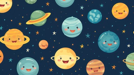 Colorful children's planet cartoon illustration design, with dark background