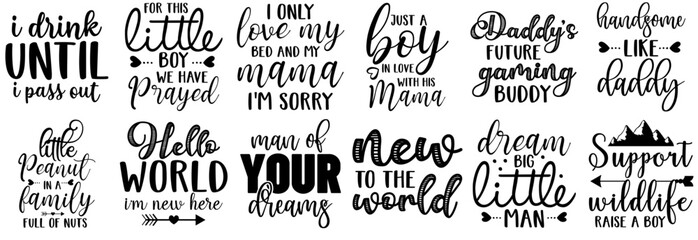 Fototapeta premium Simple Baby Boy Phrases, Trendy Retro Style Illustration Set Vector Illustration for Brochure, Presentation, Packaging
