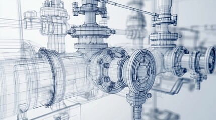 Vector rendering of industrial equipment such as valves presented in a wireframe style with layers of visible and invisible lines separated for orthographic views