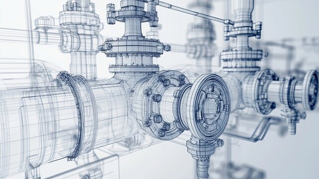 Vector rendering of industrial equipment such as valves presented in a wireframe style with layers of visible and invisible lines separated for orthographic views