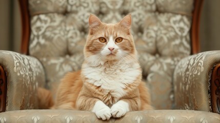 Majestic cat on a throne-like chair, exuding regal presence, soft fur glistening, poised posture, showcasing elegance and nobility in a lavish setting.