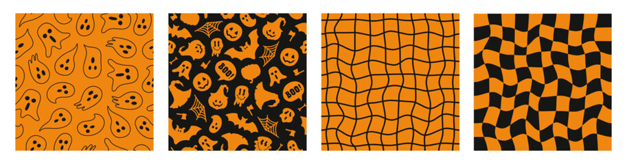 Halloween set seamless patterns with bat, ghost, spider, pumpkin. Checkered linear background. Funny flat silhouette elements. Black and orange colors. Vector illustration