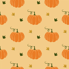 Colorful Pumpkins and Autumn Leaves Seamless Pattern. Thanksgiving Harvest Fall Pumpkin Holiday Food