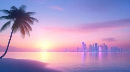 Silhouette of palm tree against vibrant pink and blue sunset sky, with city skyline in the distance.