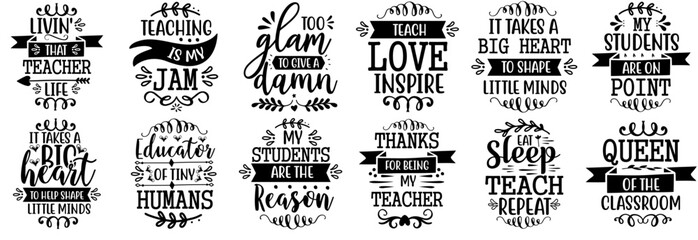Vibrant Teacher Trendy Retro Style Illustration, Phrases Bundle Vector Illustration for Postcard, Packaging, Presentation