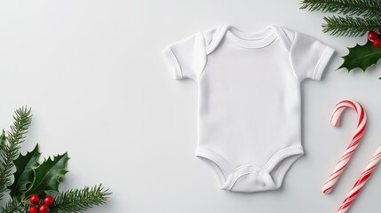 Festive baby bodysuit with snowflake design, flat lay on a white background with scattered holly leaves and candy canes