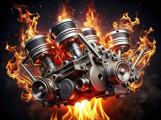 Crimson flames flicker, sparks ablaze, pistons pulsate in rhythmic harmony, generating a symphony of motion and power, a ballet of fire and metal.