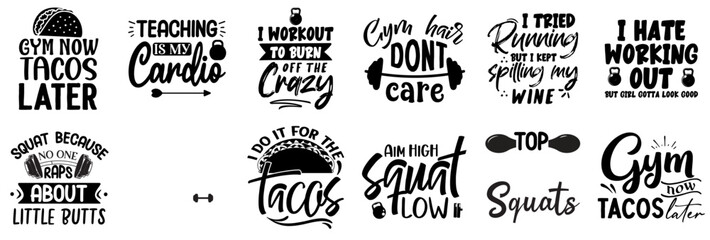 Fototapeta premium Cute Fitness Calligraphy, Typographic Emblems Set Vector Illustration for Brochure, Greeting Card, Packaging