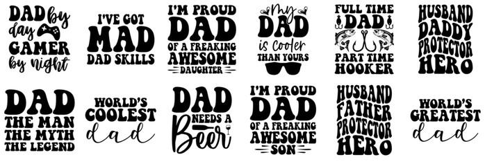 Cute Fathers Day Hand Lettering, Typographic Emblems Set Vector Illustration for Postcard, Presentation, Mug Design