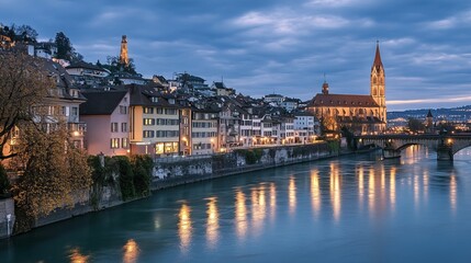 Fototapeta premium Basel historic upper town architecture evening view, northwestern Switzerland