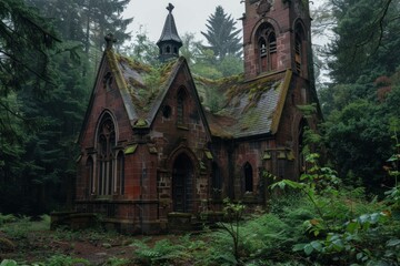 Obraz premium Old abandoned church building standing alone in the forest being taken over by nature